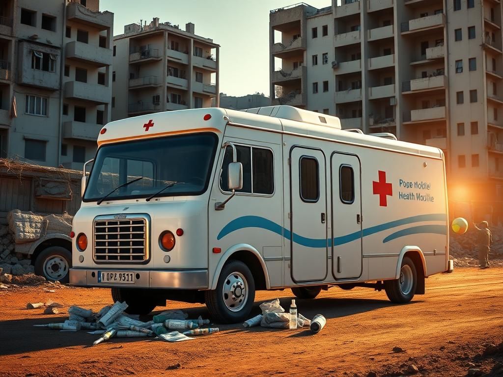 Flick International mobile health clinic converted from a pope-mobile parked on a dirt road in Gaza