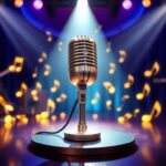 Flick International Vintage microphone on a shiny stage surrounded by glowing musical notes symbolizing singing competitions