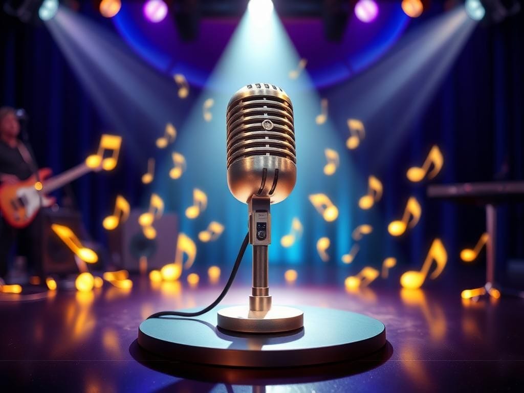 Flick International Vintage microphone on a shiny stage surrounded by glowing musical notes symbolizing singing competitions