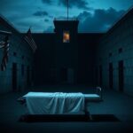 Flick International Dimly lit Florida State Prison with an empty gurney for lethal injection