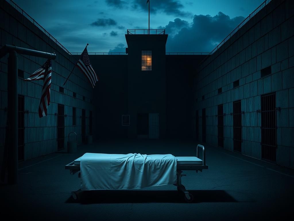 Flick International Dimly lit Florida State Prison with an empty gurney for lethal injection