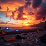 Flick International A vibrant crowd at Lady Gaga's concert on Copacabana Beach with sunset colors