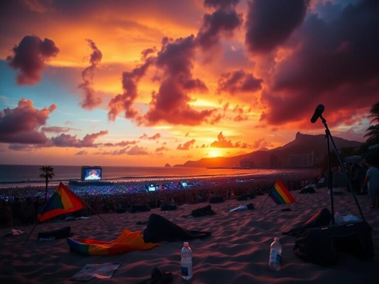 Flick International A vibrant crowd at Lady Gaga's concert on Copacabana Beach with sunset colors