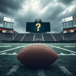 Flick International A weathered football resting on grass in an empty NFL stadium under overcast skies