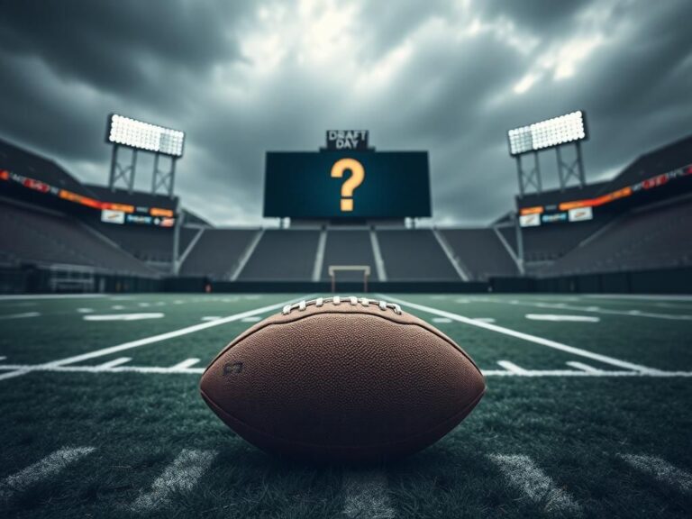 Flick International A weathered football resting on grass in an empty NFL stadium under overcast skies