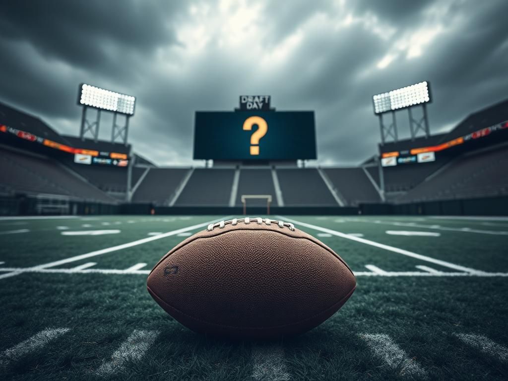 Flick International A weathered football resting on grass in an empty NFL stadium under overcast skies