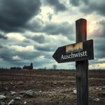 Flick International Weathered wooden signpost pointing towards Auschwitz in a barren landscape