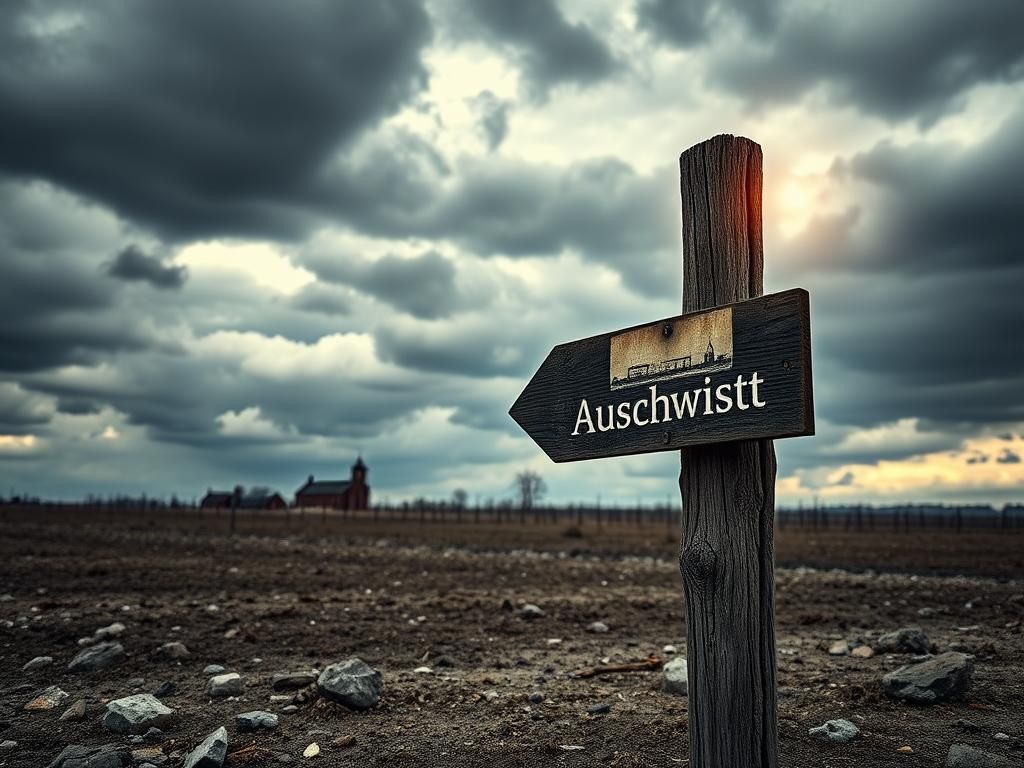 Flick International Weathered wooden signpost pointing towards Auschwitz in a barren landscape