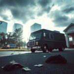 Flick International Armored truck outside a bank in suburban Chicago showing signs of a robbery.