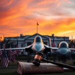 Flick International Dramatic composition of the White House silhouette with military aircraft and American flags