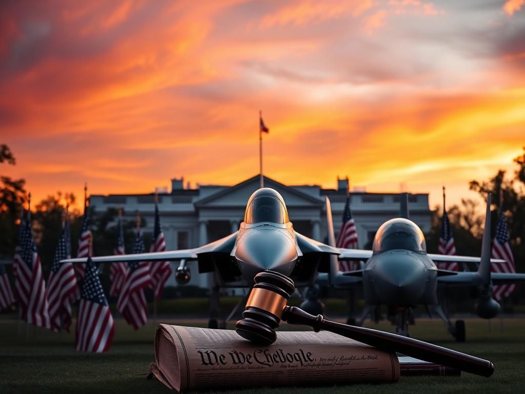 Flick International Dramatic composition of the White House silhouette with military aircraft and American flags