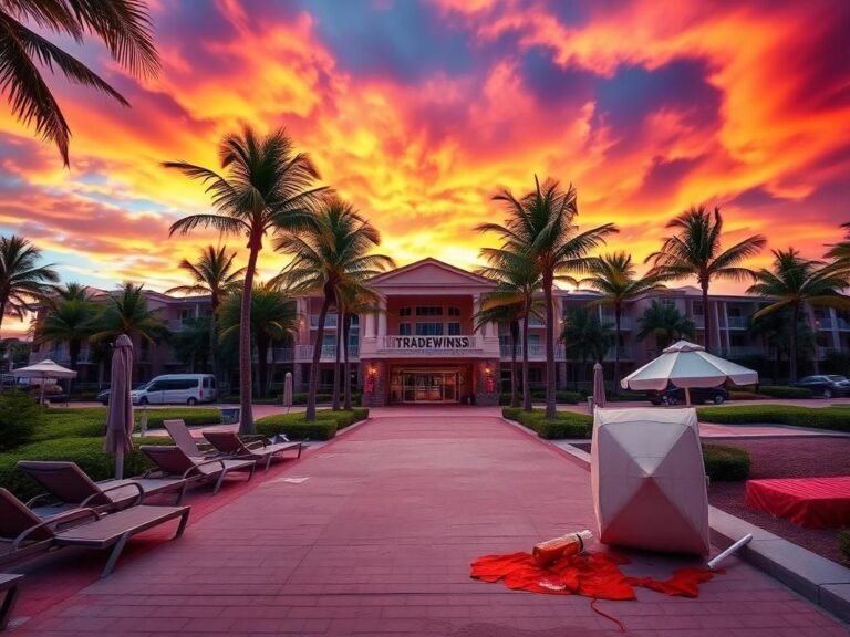 Flick International A serene sunset over TradeWinds Resort with signs of a recent disturbance