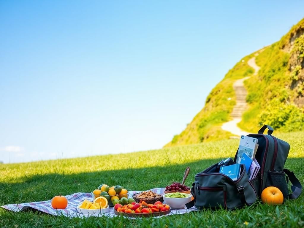 Flick International Serene picnic setup with assorted colorful fruits and gourmet dishes under a clear blue sky