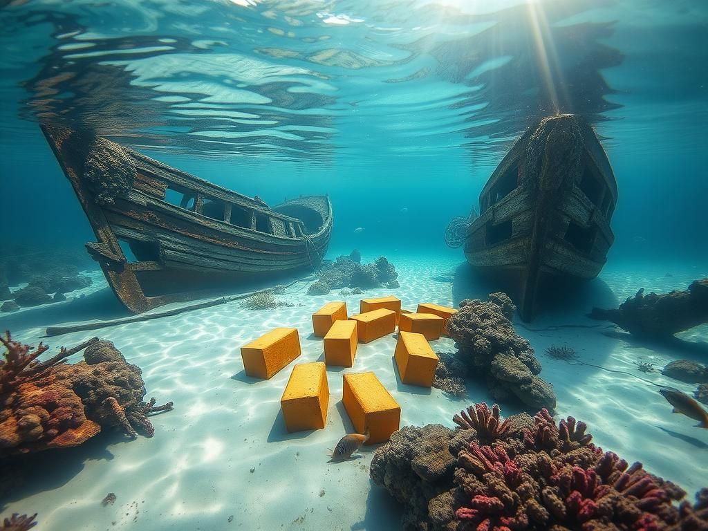 Flick International Underwater view of two ancient slave shipwrecks surrounded by coral reefs