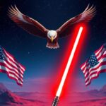 Flick International AI-generated image of President Trump as a Jedi wielding a red lightsaber