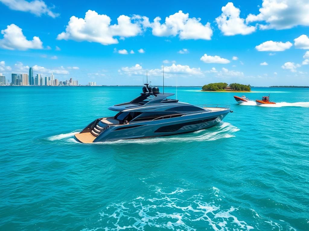 Flick International Aerial view of a luxury yacht partially submerged off Miami Beach