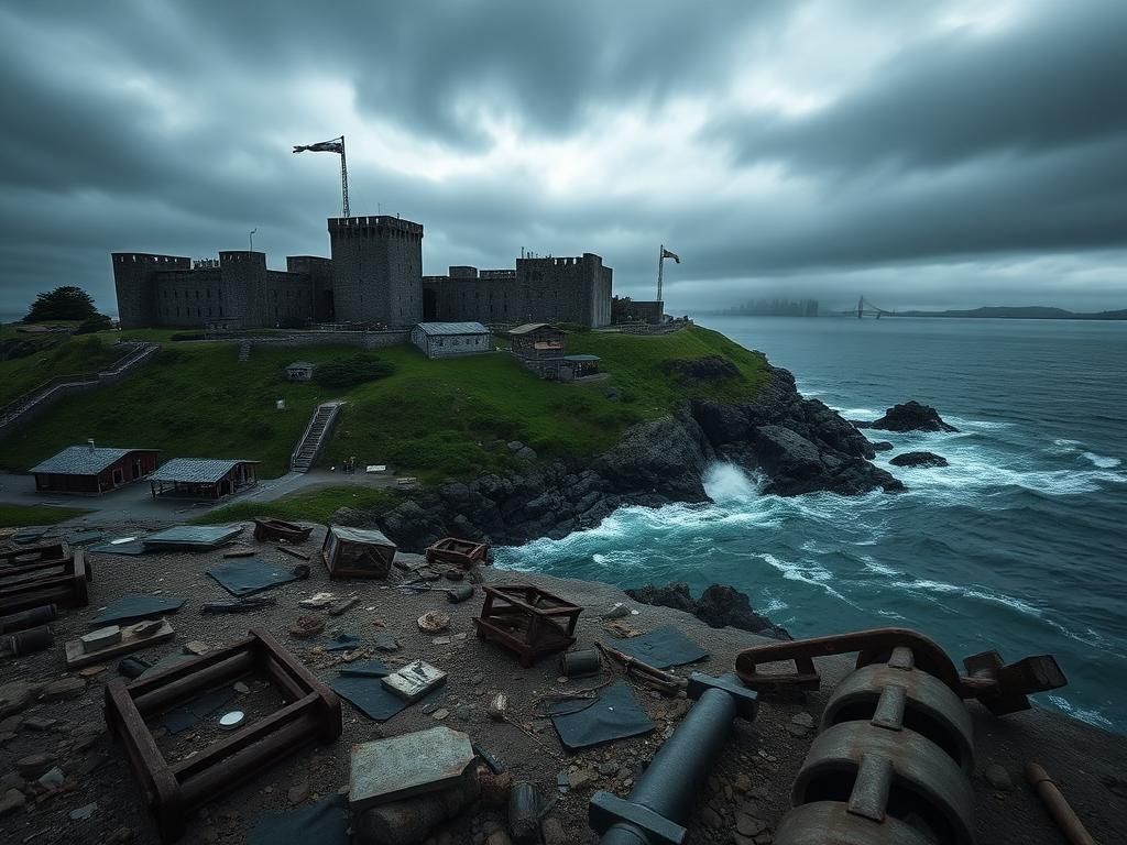 Flick International A dramatic aerial view of Alcatraz Island featuring the decaying prison structures under a moody sky