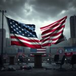 Flick International A tattered American flag symbolizing political turmoil