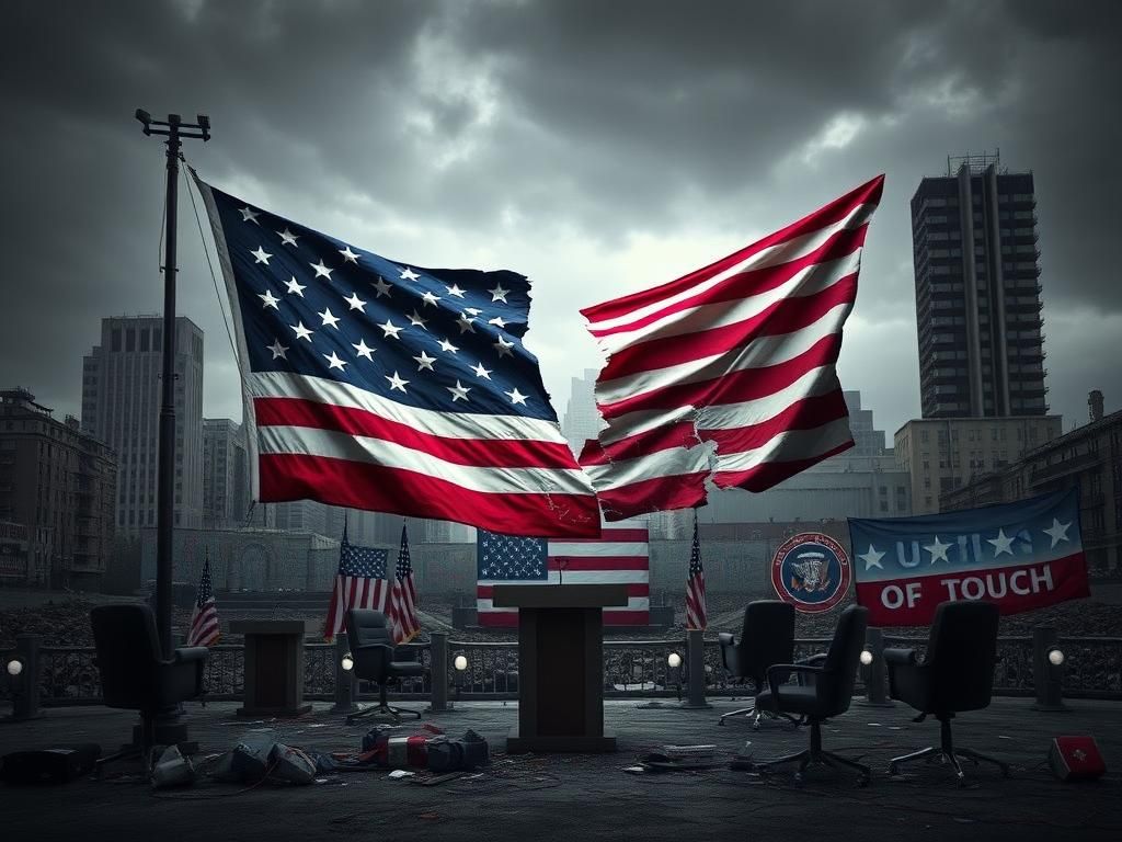 Flick International A tattered American flag symbolizing political turmoil