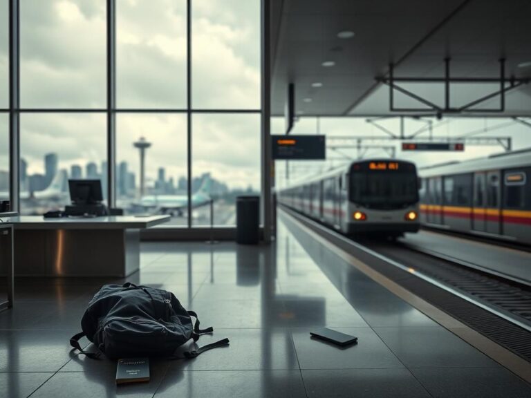 Flick International Deserted ticket counter at Seattle-Tacoma International Airport with scattered belongings after inmate escape