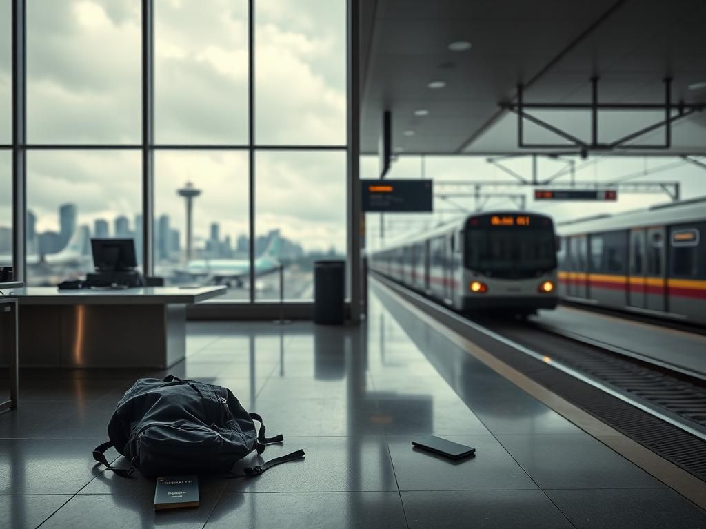 Flick International Deserted ticket counter at Seattle-Tacoma International Airport with scattered belongings after inmate escape