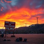 Flick International Dramatic scene of an empty Hollywood film lot with iconic landmarks and broken equipment symbolizing industry decline