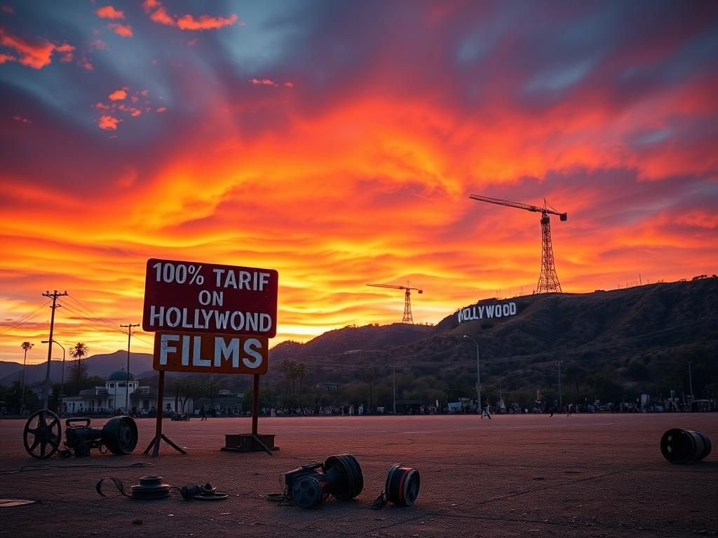 Flick International Dramatic scene of an empty Hollywood film lot with iconic landmarks and broken equipment symbolizing industry decline