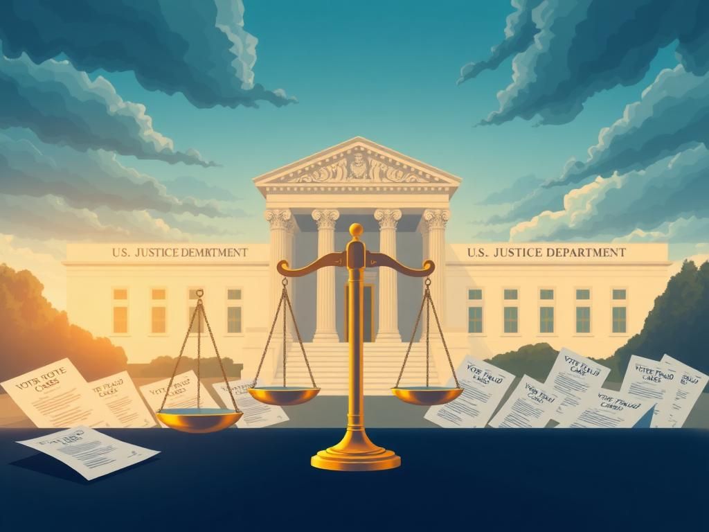 Flick International Illustration of the U.S. Justice Department building symbolizing election integrity and scrutiny