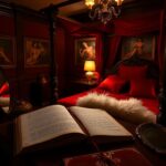 Flick International Vintage bedroom in the Playboy Mansion with lavish decor and soft ambient lighting
