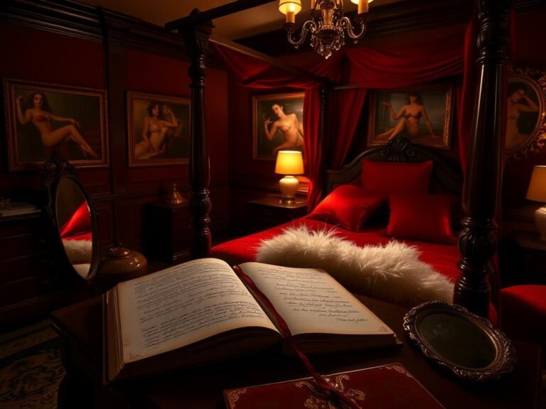 Flick International Vintage bedroom in the Playboy Mansion with lavish decor and soft ambient lighting