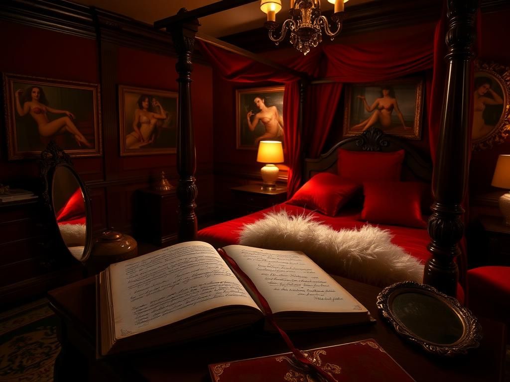 Flick International Vintage bedroom in the Playboy Mansion with lavish decor and soft ambient lighting