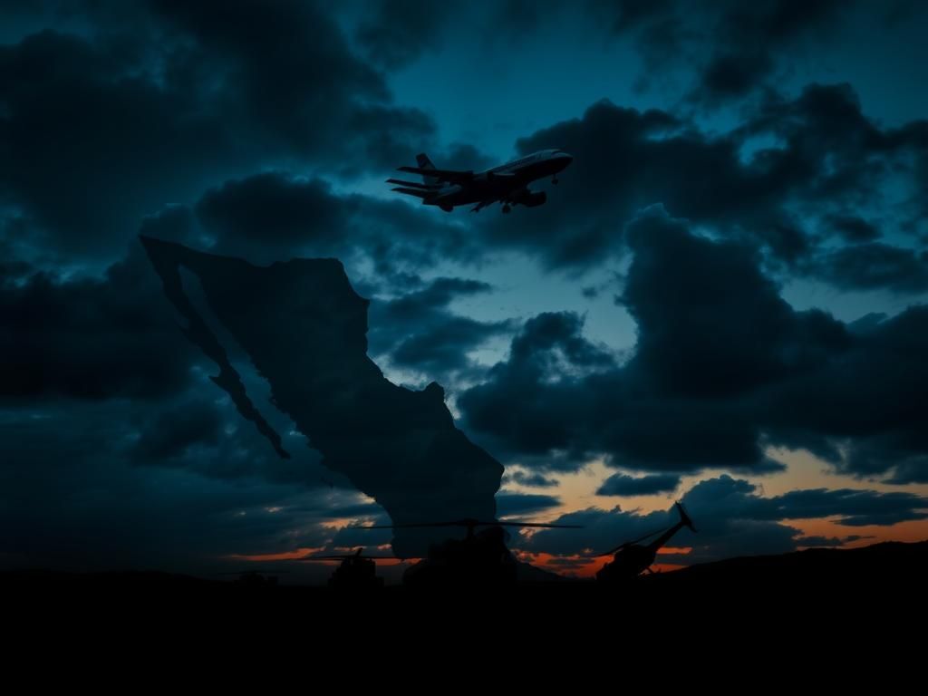 Flick International Silhouette of Air Force One in twilight sky representing national security