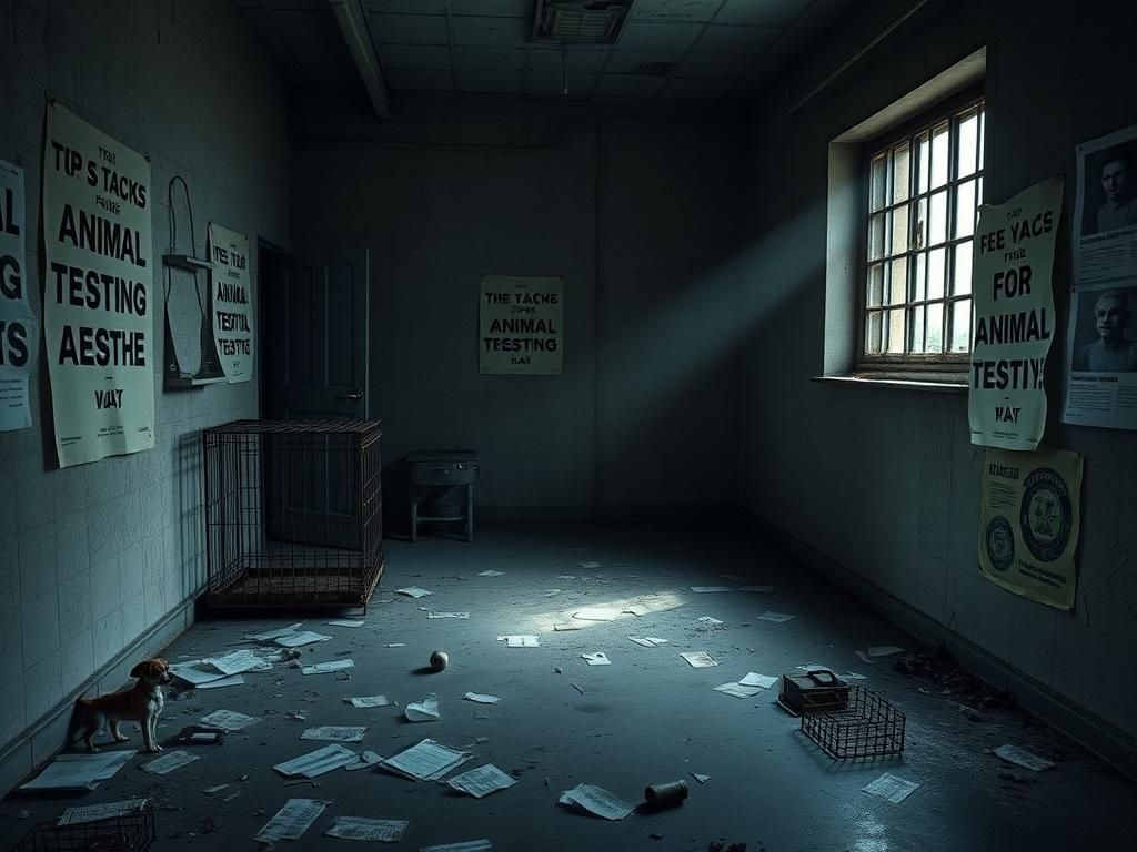 Flick International An empty laboratory space with abandoned animal testing equipment and a rusted beagle cage.
