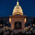 Flick International U.S. Capitol building at twilight with JFK Profile in Courage Award pedestal in foreground