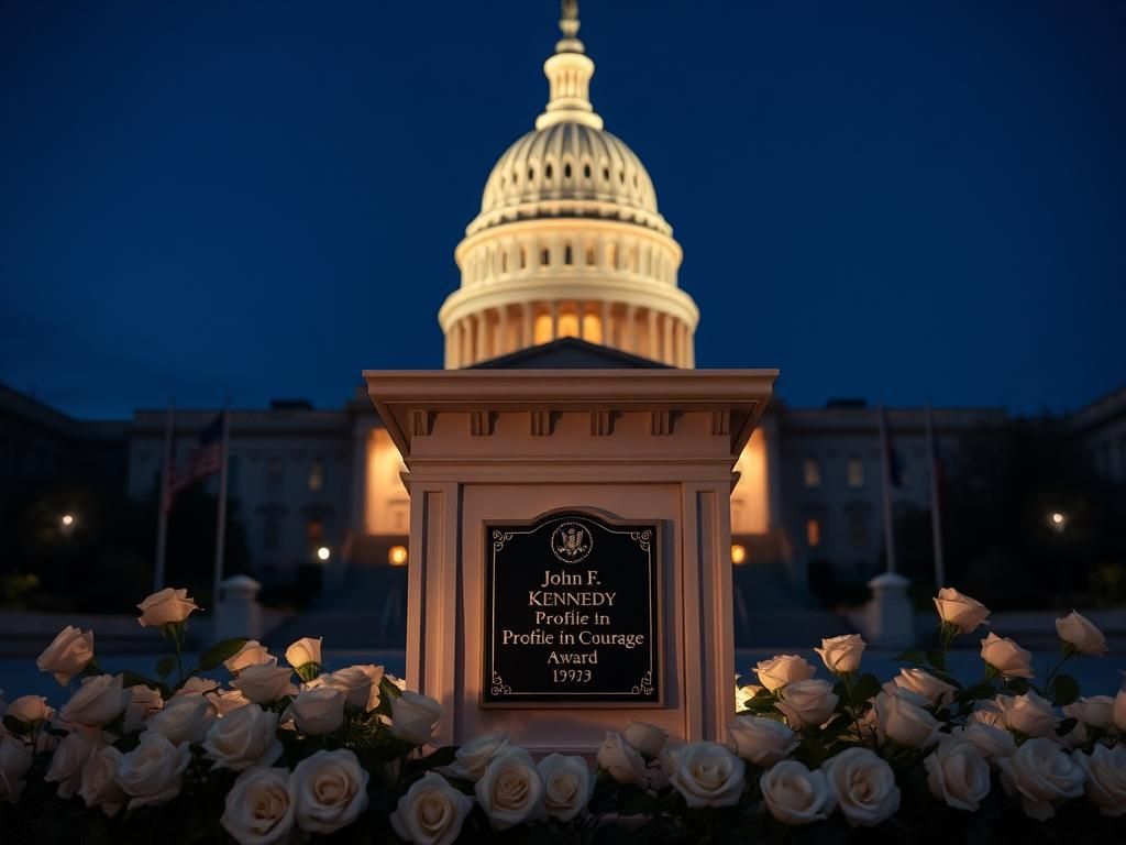 Flick International U.S. Capitol building at twilight with JFK Profile in Courage Award pedestal in foreground