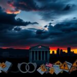 Flick International Dramatic cityscape of Denver, Colorado with a federal courthouse and Rocky Mountains at sunset