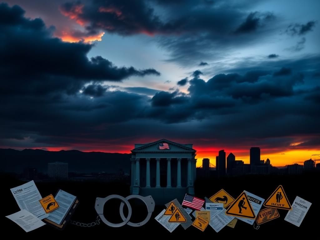 Flick International Dramatic cityscape of Denver, Colorado with a federal courthouse and Rocky Mountains at sunset