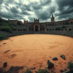 Flick International A dramatic scene showcasing the ruins of an ancient Roman arena in York, England with claw marks on the sand