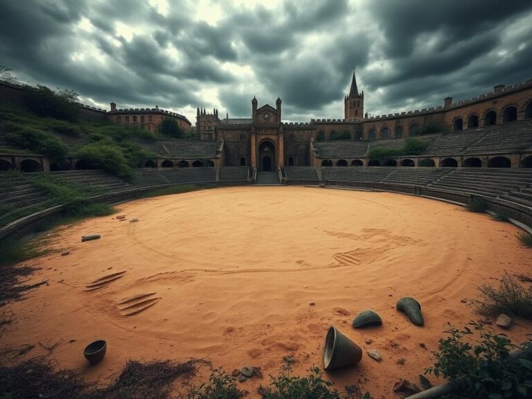 Flick International A dramatic scene showcasing the ruins of an ancient Roman arena in York, England with claw marks on the sand