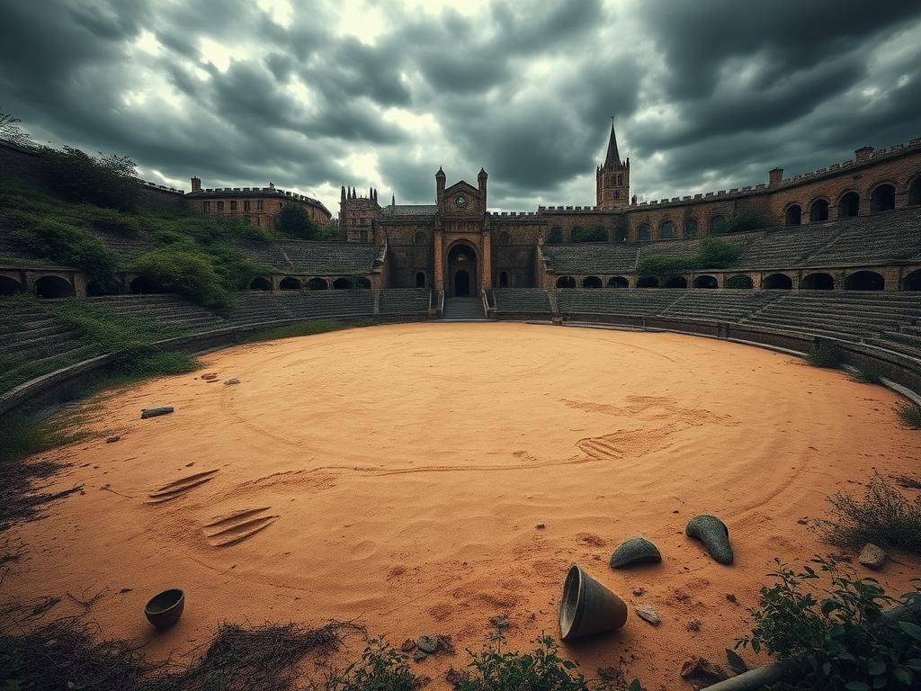 Flick International A dramatic scene showcasing the ruins of an ancient Roman arena in York, England with claw marks on the sand