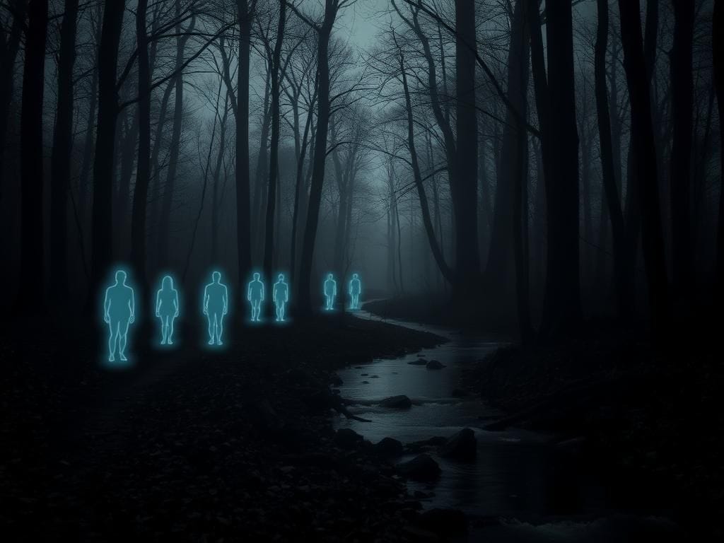 Flick International Dark, misty forest scene with ghostly figures symbolizing missing victims