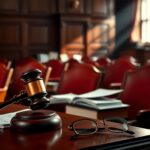Flick International Dramatic courtroom scene with empty jury box and gavel.