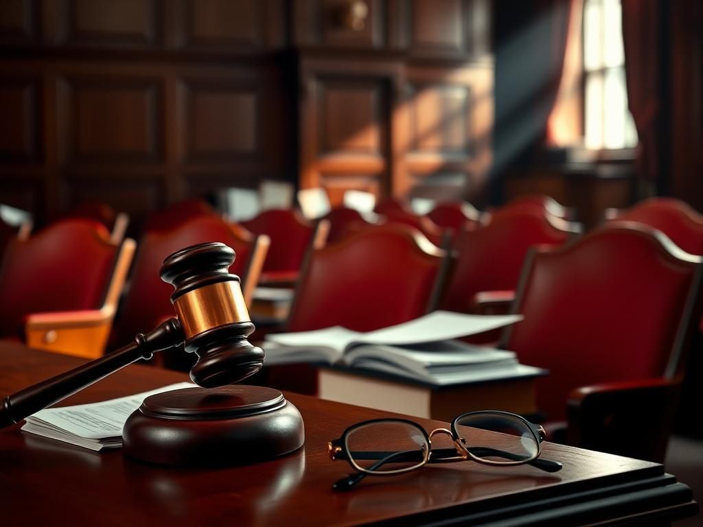 Flick International Dramatic courtroom scene with empty jury box and gavel.