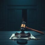 Flick International Courtroom scene with a gavel on a judge's bench and closed doors symbolizing barriers