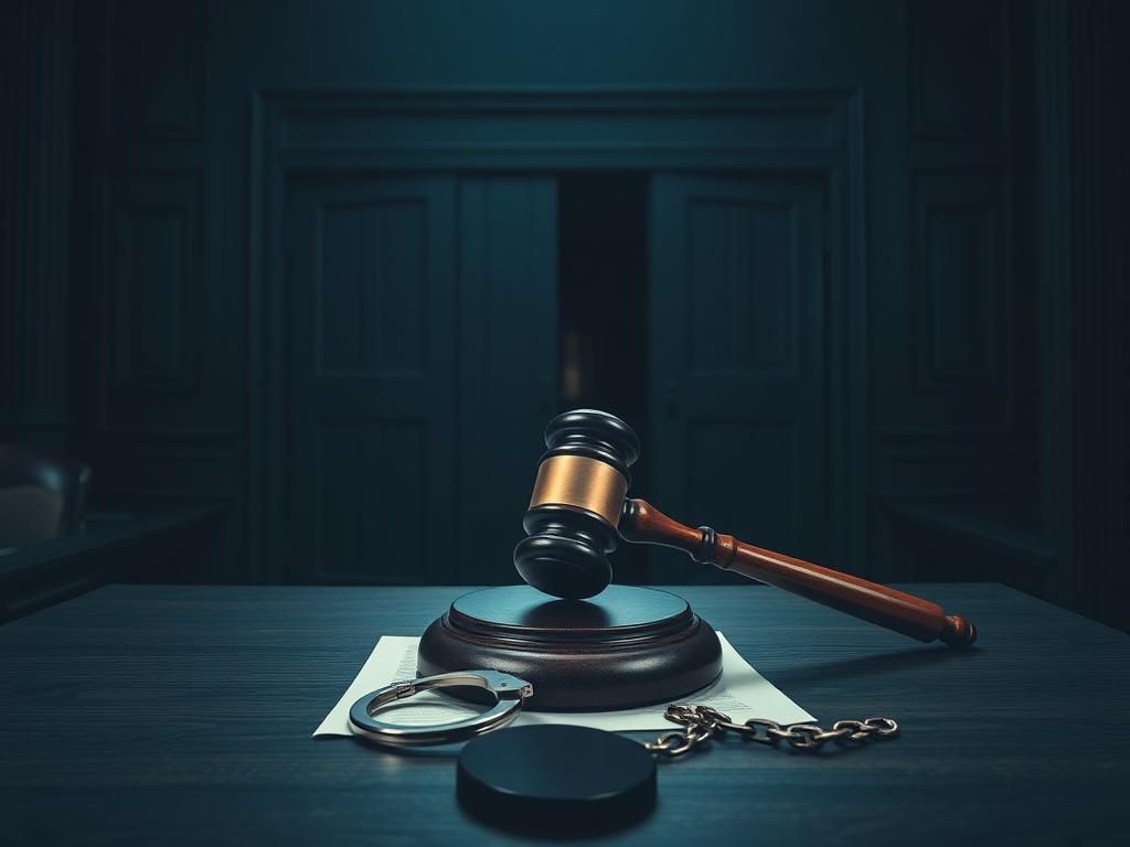 Flick International Courtroom scene with a gavel on a judge's bench and closed doors symbolizing barriers