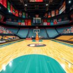 Flick International A vibrant college sports arena during game day with gleaming wooden basketball court and team logos