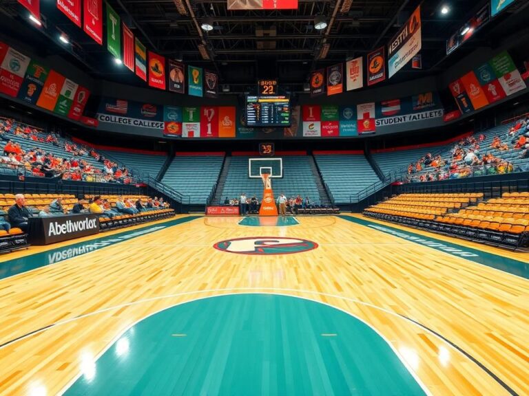 Flick International A vibrant college sports arena during game day with gleaming wooden basketball court and team logos