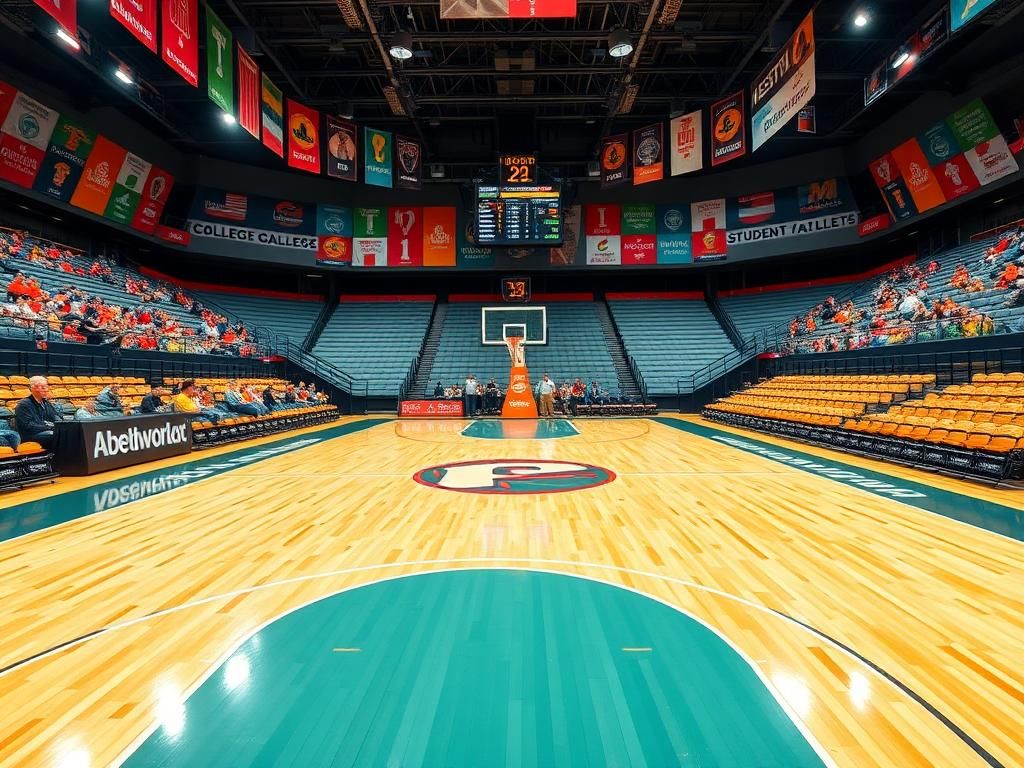 Flick International A vibrant college sports arena during game day with gleaming wooden basketball court and team logos