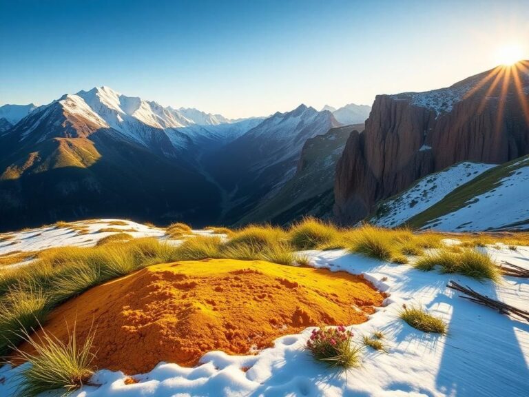 Flick International Mountain landscape featuring golden soil and wildflowers symbolizing healing