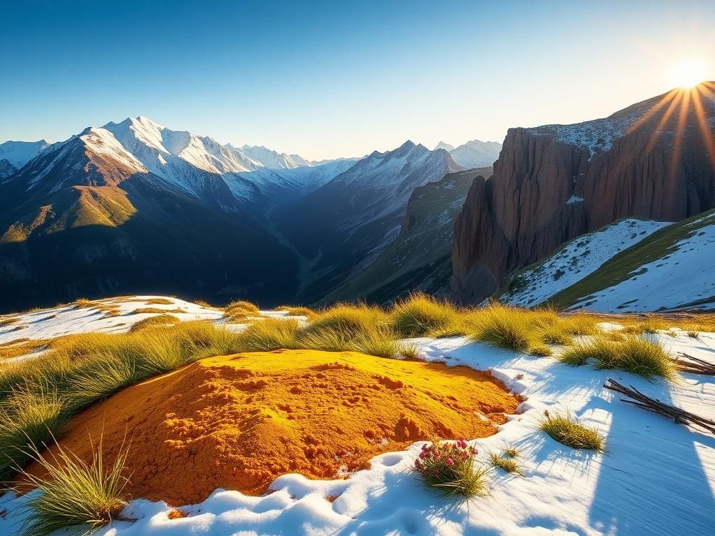 Flick International Mountain landscape featuring golden soil and wildflowers symbolizing healing